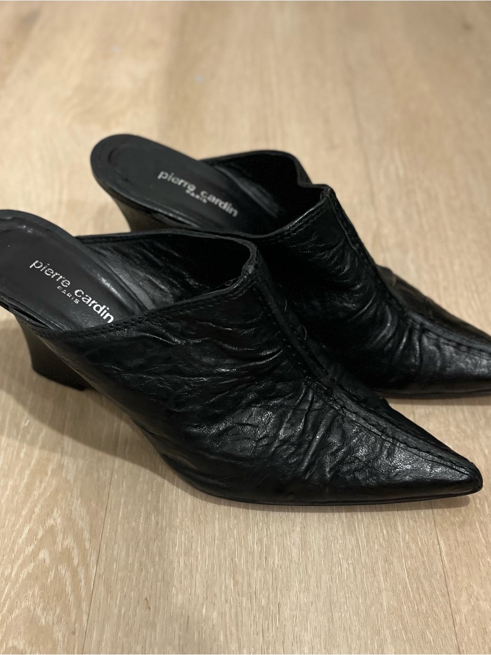 Pierre Cardin Black Pointed Toe Mule Heels with Low Block Heel